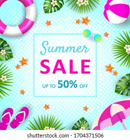 Summer Sale banner, hot season discount poster with tropical leaves, ice cream, watermelon and sunglasses. Invitation for shopping with 50 percent off. Special offer card, template for design.