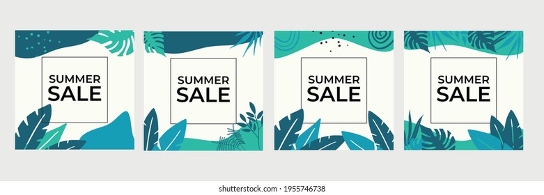 Summer Sale banner, hot season discount poster with tropical leaves and floral pattern. Invitation for shopping with percent off. special offer card, template for design social media post story