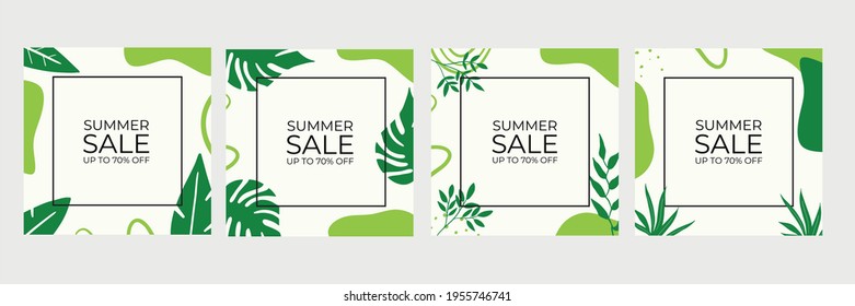 Summer Sale banner, hot season discount poster with tropical leaves and floral pattern. Invitation for shopping with percent off. special offer card, template for design social media post story