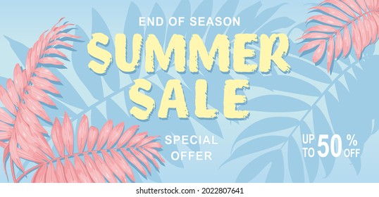 Summer sale banner, hot season discount poster with tropical leaves. Invitation for shopping with 50 percent off. special offer card, template for design. Vector in pastel colors.