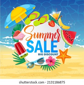 Summer Sale banner for hot season with beach holiday elements. Discount poster with tropical leaves and price off offer.Invitation for shopping, special offer card, template for design.Vector