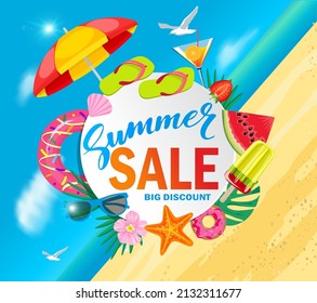 Summer Sale banner for hot season with beach holiday elements. Discount poster with tropical leaves and price off offer.Invitation for shopping, special offer card, template for design.Vector