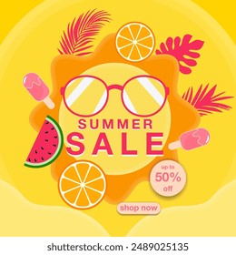 Summer Sale banner, hot season discount poster with tropical leaves,ice cream,watermelon, strawberries,and sunglasses. Invitation for shopping with 50 percent off. special offer card, template for des