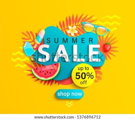 Summer Sale banner, hot season discount poster with tropical leaves,ice cream,watermelon, strawberries,and sunglasses. Invitation for shopping with 50 percent off. special offer card, template for design.