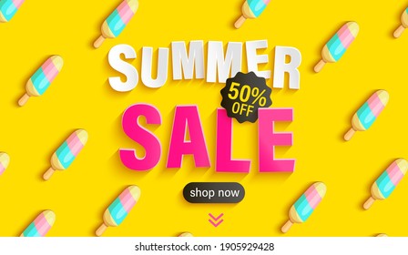 Summer Sale banner with ice cream pattern on yellow background, hot season big discounts poster.Invitation for shopping, special offer card, template design for promotions, flyers.Vector illustration.