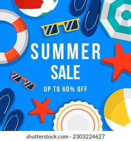 Summer sale banner illustration with slippers, star sea, buoy, ball, and hat