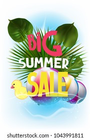 Summer sale banner with inflatable toys and tropical leaves. Vector illustration