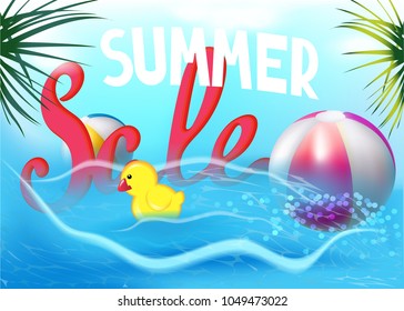 Summer sale banner with inflatable toys and palm tree leaves. Vector illustration