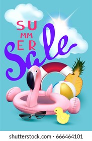 Summer sale banner with inflatable toys, pineapple and clouds. Vector illustration