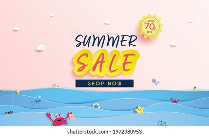 Summer sale Banner invitation design. and background with characters of various marine animals.and Panorama sea view in the summer. and the pattern of water waves with paper cut or Origami. 