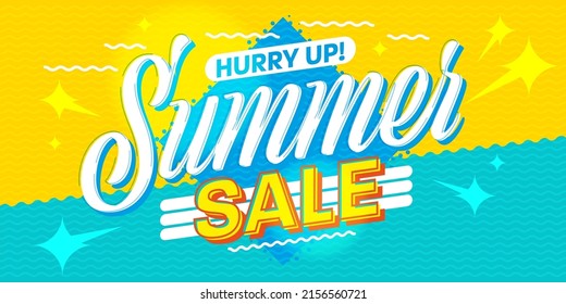 Summer sale banner with invitation to hurry up. Design template with sea wave and sand design. Travel and vacation background. Online shopping on beach discount badge or label vector illustration