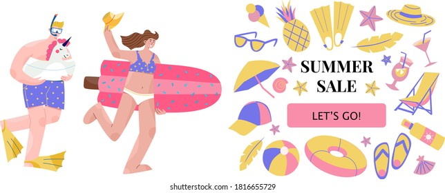 Summer sale banner or landing page with beach element. A concept of a happy couple running with inflatable toys to swimming pool or the sea. Family on holidays. Hand drawn flat colourful illustration.
