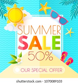 Summer Sale Banner Layout Design Template. Paper Art. Sky, Plane, Palm Leaves, Sea Star, Waves, Plumeria, Flip Flops, Sunglasses, Island, Sun and Clouds. Vector illustration