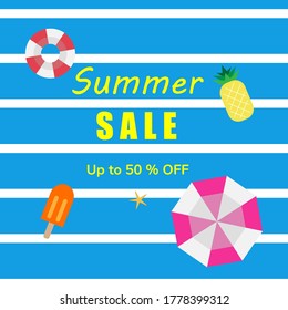 Summer sale banner layout template design, hot season discount poster, invitation for shopping with 50 percent off, vector, illustration.