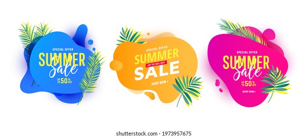 Summer sale banner layout template set. Trendy liquid abstract geometric bubble with tropic palm leaves