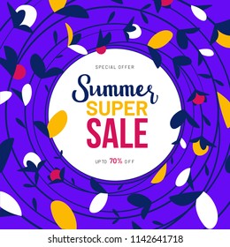 Summer sale banner with leaves background. Super Summer Sale inscription design template. Special offer up to 70% off. Vector illustration