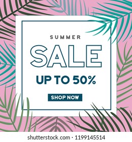 Summer sale banner with leaves background