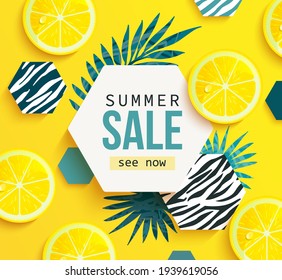 Summer sale banner with lemon, tropical leaves and hexagons with animal zebra print. Bright tasty poster, flyer with invitation for shopping. Template offer of big discounts deals in stores.Vector