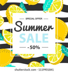 Summer sale banner. Lemons on a striped background. Vector illustration.