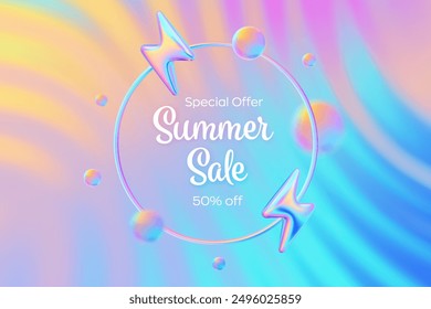 Summer sale banner with lightning bolt symbol. Flash sale. Summer mega sale special offer. Discount shopping. Bright sunset, sunrise iridescent sky colors. Blue, purple, yellow. Vector illustration.