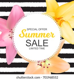Summer Sale Banner with Lily Flowers. Cute Natural Background Vector Illustration EPS10