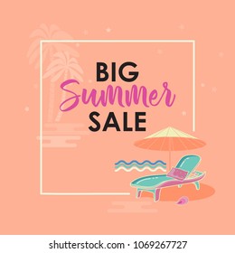 Summer sale banner with lounge chair, umbrella and palm trees isolated on rose pink background. Vector illustration for poster, flyer.  Business seasonal shopping concept. Decoration graphic element. 