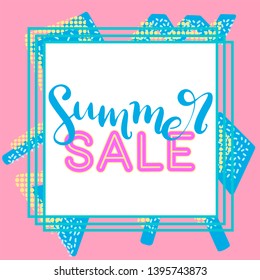 Summer sale banner with memphis background with abstract shapes in pink, blue and yellow colors. 80s geometric retro style vector illustration template for  flyer, card, print, poster. Eps10 