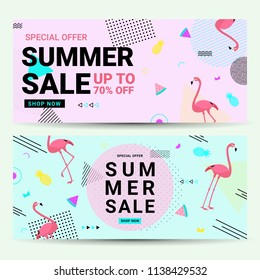 Summer sale banner Memphis style with flamingo and geometric shapes. Sale background template pink and blue color create by vector.