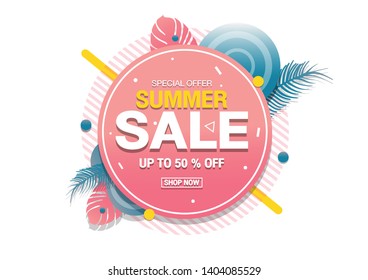 Summer sale banner modern design tropical leaves background. 