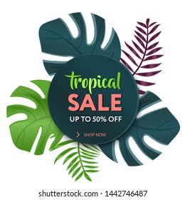 Summer sale banner modern design tropical leaves background. Tropical summer banner. 	
Design for social media banner