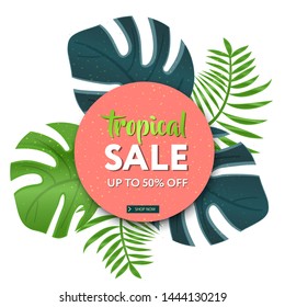 Summer sale banner modern design tropical leaves background. Tropical summer banner. 	
Design for social media banner