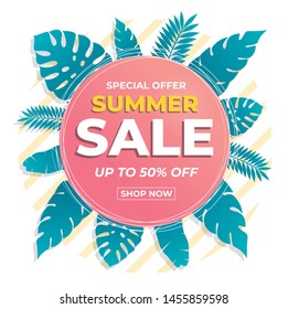 Summer sale banner modern design tropical leaves background. Promo badge for your seasonal design.