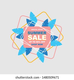 	
Summer sale banner modern design tropical background. Promo badge for your seasonal design.