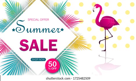 Summer sale banner modern design with flamingo and tropical leaves background.