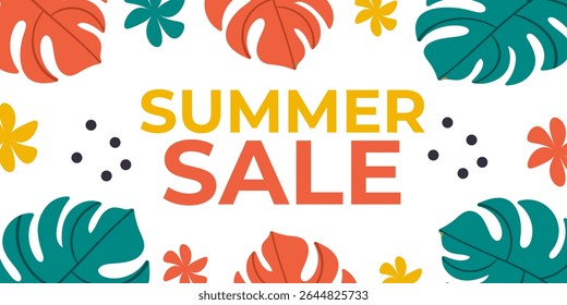 Summer Sale. Banner with monstera leaves, tropical motif, bright colors. Green, red and yellow elements. Vector illustration.