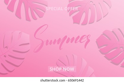 Summer sale banner with monstera leaves and lettering Summer for promotion, discount, sale, web. Millenials pink color trendy illustration