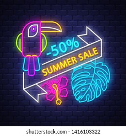 Summer sale banner. Neon sign lettering. Vector
