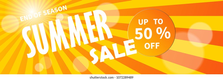 Summer sale banner on abstract light yellow sun rays background for promotion advertising. Vector illustration promotion event.