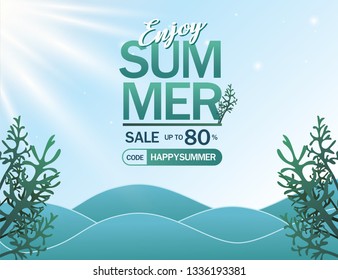 Summer sale banner on sea view background with green seaweed. 