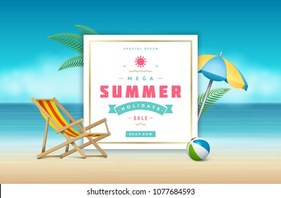 Summer sale banner online shopping on beach background. Vector illustration discount badge or label typographic design.