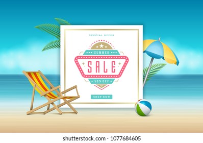 Summer sale banner online shopping on beach background. Vector illustration discount badge or label typographic design.