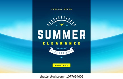 Summer sale banner online shopping on beach background. Vector illustration discount badge or label typographic design.