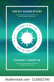 Summer sale banner online shopping on beach background, for magazine and advertising poster or voucher. Vector illustration.
