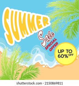 Summer Sale banner online shopping on beach background.