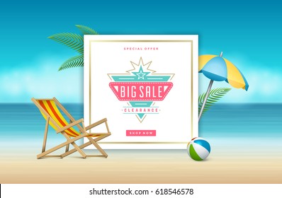 Summer Sale banner online shopping on beach background, for magazines and advertising posters, website headers, vouchers. Vector illustration. Sale discount badge or label typographic design.