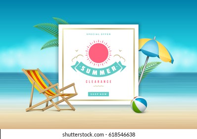 Summer Sale banner online shopping on beach background, for magazines and advertising posters, website headers, vouchers. Vector illustration. Sale discount badge or label typographic design.