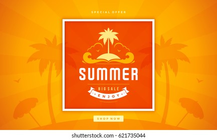 Summer Sale banner online shopping on beach background. Vector illustration Discount badge or label typographic design.