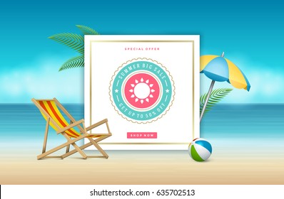 Summer sale banner online shopping on beach background. Vector illustration discount badge or label typographic design.