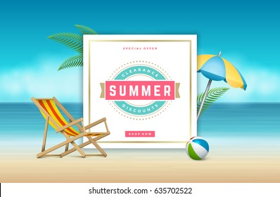 Summer Sale Banner Online Shopping On Beach Background. Vector Illustration Discount Badge Or Label Typographic Design.