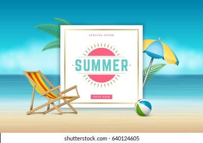 Summer sale banner online shopping on beach background. Vector illustration discount badge or label typographic design.